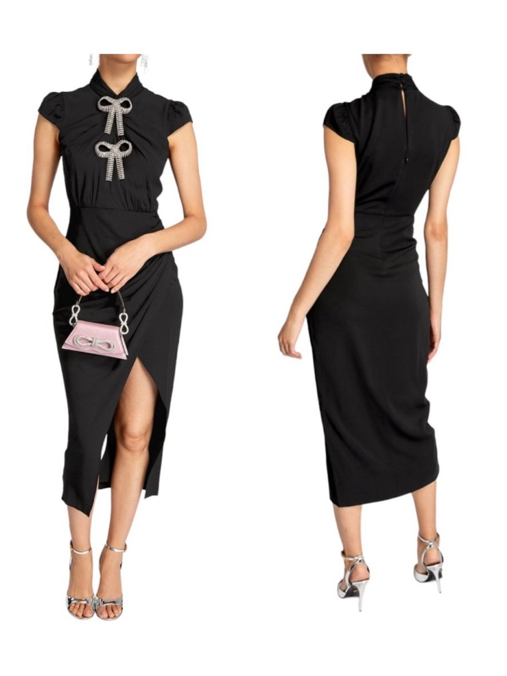 SELF-PORTRAIT Black Diamante Bows Cap Sleeves Midi Cocktail‎ dress size 0